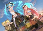  1boy 3girls arm_up bare_shoulders barrel beek bikini_top black_gloves black_legwear blonde_hair blue_eyes blue_hair boots clothes_around_waist clouds dutch_angle gloves goggles goggles_around_neck goggles_on_head hair_ornament hairclip hatsune_miku headset highres jacket_around_waist kagamine_len kagamine_rin long_hair looking_at_viewer megurine_luka multiple_girls navel phonograph pink_hair sitting skirt sky smile speaker tank_top thigh-highs thigh_boots very_long_hair vocaloid white_legwear zettai_ryouiki 