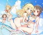  4girls :d :o adapted_costume arms_up ascot atago_(kantai_collection) bare_shoulders bikini black_hair blonde_hair blue_bikini blue_eyes breasts brown_hair choukai_(kantai_collection) closed_eyes clouds glasses hat headgear kantai_collection long_hair looking_at_viewer maya_(kantai_collection) multiple_girls navel open_mouth pink_eyes red_eyes short_hair sketch sky smile sodapop_(iemaki) swimsuit takao_(kantai_collection) water 