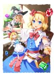  2girls alice_margatroid blonde_hair blue_eyes blush book bow capelet chair doll_joints emerane gem hairband hat hat_bow kirisame_marisa leaning_forward long_hair multiple_girls outstretched_arms shanghai_doll short_hair sitting spread_arms touhou window witch_hat wrist_cuffs 