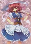  1girl absurdres blue_dress capura_lin coin dress floral_background floral_print frills hair_bobbles hair_ornament highres hitodama looking_at_viewer obi onozuka_komachi petals puffy_sleeves red_eyes redhead ribbon sash scan scythe short_hair short_sleeves smile solo touhou twintails 