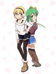  2girls :d alternate_costume back-to-back black_legwear blonde_hair boots bow casual cato_(monocatienus) contemporary daiyousei earmuffs green_eyes green_hair hair_bow hair_ornament hair_ribbon hairclip hand_on_hip long_hair looking_at_viewer lunasa_prismriver multiple_girls open_mouth pantyhose pleated_skirt ribbon short_hair side_ponytail skirt smile touhou wings 