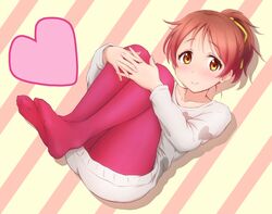  1girl brown_eyes brown_hair ckst hirasawa_ui k-on! lying pantyhose ponytail short_hair sweater 