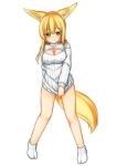  1girl animal_ears blonde_hair cleavage_cutout covering covering_crotch embarrassed fox_ears fox_tail green_eyes highres himeka_chiyako long_hair naked_sweater open-chest_sweater original playjoe2005 sweater tail wavy_mouth 