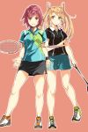  2girls abukuma_(kantai_collection) alternate_costume badminton_racket blonde_hair blue_eyes full_body hair_rings highres kantai_collection kinu_(kantai_collection) long_hair looking_at_viewer multiple_girls orange_background racket red_eyes redhead sahuyaiya shoes short_hair shorts simple_background skirt smile sneakers solo sportswear standing sweatband t-shirt tennis_uniform twintails 