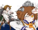  blood blood_on_face blue_eyes brown_hair damaged detached_sleeves hair_ornament hairband headgear hiei_(kantai_collection) injury japanese_clothes kantai_collection multiple_girls nontraditional_miko school_uniform short_hair yellow_eyes yukikaze_(kantai_collection) 
