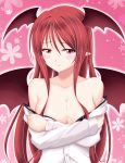    1girl black_bra blush bra breasts bust cleavage collarbone dress_shirt head_wings highres koakuma large_breasts long_hair long_sleeves multiple_wings off_shoulder pointy_ears red_eyes redhead reimei_(r758120518) shirt smile solo touhou underwear wings 