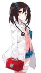  1girl black_hair clipboard doctor flat_chest jpeg_artifacts labcoat looking_at_viewer love_live!_school_idol_project pink_legwear red_eyes short_hair simple_background skirt smile solo stethoscope striped striped_legwear totoki86 twintails white_background yazawa_nico 