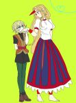 1boy 1girl arm_behind_back barefoot blonde_hair blouse full_body genderswap green_eyes hand_kiss heart heart_of_string height_difference horn hoshiguma_yuugi kiss long_hair long_skirt looking_at_another looking_down looking_up mizuhashi_parsee pants pointy_ears red_eyes shimana_(cs-ts-az) shoes short_hair sketch skirt standing touhou vest wristband