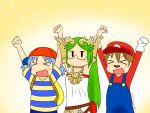  &gt;_&lt; 3girls aioi_yuuko arms_up blue_hair blush brown_hair fake_mustache green_hair kid_icarus long_hair mario mario_(cosplay) minakami_mai mother_(game) mother_2 multiple_girls naganohara_mio ness nichijou nintendo open_mouth palutena palutena_(cosplay) parody short_hair smile super_mario_bros. super_smash_bros. tagme 