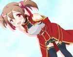  1girl :d arms_behind_back black_legwear brown_hair chest_plate detached_sleeves dutch_angle hair_bobbles hair_ornament leaning_forward looking_at_viewer open_mouth red_eyes silica smile solo sword_art_online thigh-highs twintails yokoshima_(euphoria) zettai_ryouiki 