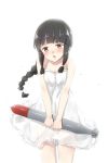  1girl alternate_costume black_hair blush bowing braid brown_eyes carrying dress engiyoshi kantai_collection kitakami_(kantai_collection) long_hair open_mouth simple_background single_braid solo torpedo v_arms white_background white_dress 