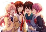  4girls :d :o ;d antenna_hair artist_name brown_eyes brown_hair bust chaos;child chaos;head d_midiror dated makise_kurisu multiple_girls necktie nitroplus one_eye_closed onoe_serika open_mouth pink_eyes pink_hair robotics;notes sakihata_rimi school_uniform senomiya_akiho short_hair smile steins;gate violet_eyes 