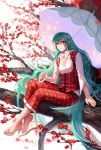  1girl artist_request blouse breasts buttons cleavage embroidery fancybetty flower green_hair high_heels highres kazami_yuuka kazami_yuuka_(pc-98) long_hair looking_at_viewer pants plaid plaid_pants plaid_vest red_eyes scarf shoe_dangle sitting smile solo touhou touhou_(pc-98) tree umbrella 