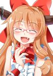  1girl :d ^_^ bespectacled blush bowtie bust closed_eyes e.o. fang glasses hand_on_own_chest happy highres horn_ribbon horns ibuki_suika laughing long_hair open_mouth orange_hair ribbon sleeveless sleeveless_shirt smile solo touhou wrist_cuffs 