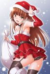  1girl amagami ass bangs bare_shoulders black_legwear black_panties blush boots brown_eyes brown_hair detached_sleeves garter_straps hat kamizaki_risa long_hair looking_at_viewer open_mouth panties pantyshot sack santa_costume santa_hat shouji_2 small_breasts smile solo thigh-highs underwear 