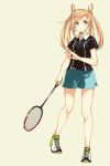  1girl abukuma_(kantai_collection) alternate_costume badminton_racket blonde_hair blue_eyes full_body green_background hair_rings highres kantai_collection long_hair looking_at_viewer racket sahuyaiya shoes shorts simple_background sneakers solo sportswear standing t-shirt tennis_racket tennis_uniform twintails 