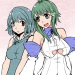  2girls aoshima bare_shoulders breasts detached_sleeves frog_hair_ornament green_eyes green_hair hair_ornament heterochromia kochiya_sanae large_breasts multiple_girls open-chest_sweater open_mouth sleeveless sleeveless_shirt smile tatara_kogasa touhou under_boob 