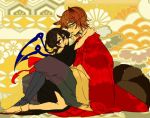  1boy 1girl animal_ears black_hair brown_hair futatsuiwa_mamizou genderswap glasses houjuu_nue hug japanese_clothes kimono looking_at_viewer obi profile red_eyes sandals sash shimana_(cs-ts-az) short_hair sitting sketch tail tanuki touhou wings yellow_eyes 