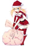  1girl belt blonde_hair blue_eyes boots capelet detached_sleeves fur_trim gloves hat highres leg_up long_hair low_twintails midriff navel red_gloves red_legwear sack santa_costume santa_hat simple_background skirt solo standing_on_one_leg thigh-highs twintails white_background zizi_(zz22) 