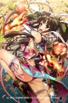  1girl arm_up brown_hair chinese_clothes from_side hair_ornament hair_stick lantern long_hair looking_at_viewer neo-masterpeacer official_art open_mouth pink_eyes sangokushi_ranbu solo thigh_strap tonfa very_long_hair weapon 