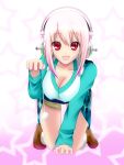  1girl :3 blush breasts cleavage headphones large_breasts long_hair looking_at_viewer nitroplus open_mouth paw_pose petrolatum pink_hair pom_pom_(clothes) red_eyes smile solo super_sonico 