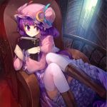  1girl blush book bookshelf boots chair crescent cross-laced_footwear hat lace-up_boots library long_hair long_sleeves looking_at_viewer patchouli_knowledge purple_hair sitting solo thigh-highs touhou ukyo_rst violet_eyes white_legwear 