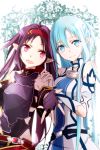  2girls ahoge asuna_(sao) asuna_(sao-alo) bare_shoulders blue_eyes blue_hair breastplate detached_sleeves fingerless_gloves gloves hairband hand_on_another&#039;s_shoulder long_hair looking_at_viewer multiple_girls outstretched_hand parted_lips pink_eyes pointy_ears purple_hair sword_art_online tsukimori_usako very_long_hair yuuki_(sao) 