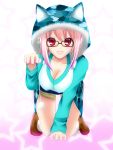  1girl :3 animal_hood bespectacled blush breasts cat_hood cleavage glasses headphones hood large_breasts long_hair looking_at_viewer nitroplus open_mouth paw_pose petrolatum pink_hair pom_pom_(clothes) red_eyes smile solo super_sonico 