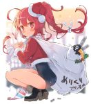  1girl ahoge blush breath christmas failure_penguin hat highres i-168_(kantai_collection) kantai_collection long_hair looking_at_viewer mistletoe over_shoulder sack santa_costume santa_hat scarf school_swimsuit shoes sodapop_(iemaki) solo squatting star swimsuit swimsuit_under_clothes torpedo 