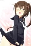  1girl blush brown_eyes brown_hair engiyoshi fumizuki_(kantai_collection) kantai_collection long_hair one_eye_closed open_mouth panties pantyshot pleated_skirt ponytail school_uniform serafuku skirt skirt_lift underwear 