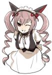  1girl 5-502 apron arms_behind_back drill_hair faris_nyannyan maid maid_headdress no_legs one_eye_closed pink_eyes pink_hair solo steins;gate twin_drills twintails waist_apron waitress 