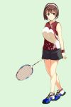  1girl alternate_costume aqua_background brown_eyes brown_hair full_body green_background highres kantai_collection looking_at_viewer natori_(kantai_collection) racket sahuyaiya shoes short_hair shorts simple_background sleeveless sleeveless_shirt sneakers solo sportswear standing sweatband tennis_racket tennis_uniform 