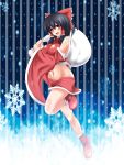  1girl :d black_hair blush boots bow breasts detached_sleeves hair_bow hair_ribbon hair_tubes hakurei_reimu highres large_bow large_breasts long_hair looking_at_viewer midriff miniskirt naughty_face navel one_leg_raised open_mouth parmiria red_eyes ribbon sack santa_costume skirt smile solo touhou wide_sleeves 