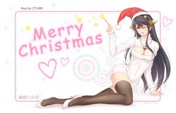  1girl :d arm_support bell black_hair black_legwear breasts brown_eyes christmas cleavage_cutout copyright_name full_body haruna_(kantai_collection) hat headgear heart high_heels highres jewelry kantai_collection long_hair long_sleeves looking_at_viewer ltt_challenger lying merry_christmas necklace on_side one_eye_closed open-chest_sweater open_mouth pendant ribbed_sweater santa_hat smile snowflakes solo star sweater thigh-highs turtleneck white_shoes 