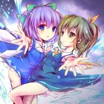  2girls album_cover ascot blue_dress blue_eyes blue_hair bow cirno cover daiyousei dress enjoy_mix fairy_wings green_eyes green_hair hair_bow hair_ribbon ice ice_wings multiple_girls outstretched_arm outstretched_hand ribbon shirt side_ponytail skirt skirt_set touhou vest wings 