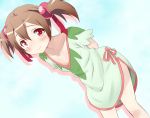  1girl arms_behind_back brown_hair dutch_angle hair_bobbles hair_ornament leaning_forward looking_at_viewer pajamas red_eyes silica smile solo sword_art_online twintails yokoshima_(euphoria) 