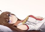  1girl ahoge anime_coloring blush breasts brown_hair bust collarbone detached_sleeves gradient gradient_background hair_down hand_on_own_stomach hasshin_kaisen highres kantai_collection kongou_(kantai_collection) long_hair looking_at_viewer lying nontraditional_miko on_back on_bed open_clothes pillow sideboob smile solo under_boob violet_eyes white_background 