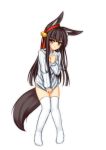  1girl animal_ears bell black_hair covering covering_breasts covering_crotch embarrassed fox_ears fox_tail hair_bell hair_ornament highres long_hair naked_sweater open-chest_sweater orange_eyes original playjoe2005 sweater tail tamani_wakashi thigh-highs wavy_mouth 