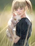  1girl blue_eyes brown_hair cat hair_ribbon heterochromia holding holding_animal looking_at_viewer mujiha_(mlog) original puffy_sleeves realistic ribbon short_sleeves twintails violet_eyes yellow_eyes 