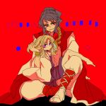  1boy 1girl barefoot blonde_hair genderswap hair_tussle moriya_suwako red_background red_eyes rope sitting sitting_on_lap sitting_on_person tagme touhou traditional_clothes violet_eyes yasaka_kanako 