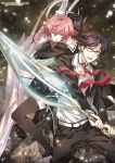  1boy 1girl artist_name black_eyes black_hair black_legwear chaos;child character_name d_midiror dated light_particles miyashiro_takuru necktie night onoe_serika pink_eyes pink_hair school_uniform short_hair sword thigh-highs weapon 