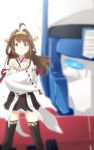  &gt;:) 1girl admiral_(kantai_collection) ahoge autobot black_legwear blurry brown_eyes brown_hair commentary crossed_arms crossover depth_of_field detached_sleeves engiyoshi gunbuster_pose hairband hat kantai_collection kongou_(kantai_collection) long_hair mecha nontraditional_miko optimus_prime peaked_cap pleated_skirt revision ribbon-trimmed_sleeves ribbon_trim skirt smile standing thigh-highs transformers wind zettai_ryouiki 
