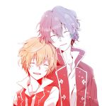  2boys blush closed_eyes formal gilbert_nightray gradient multiple_boys necktie open_clothes open_mouth open_shirt oz_vessalius pandora_hearts short_hair smile takubokutyou-v trench_coat vest 