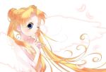  1girl bangs bare_shoulders bishoujo_senshi_sailor_moon blonde_hair double_bun ear_studs earrings eyelashes feathered_wings feathers index_finger_raised jewelry long_hair moriya_kaoru nude one_eye_closed open_mouth parted_bangs see-through solo tsukino_usagi twintails very_long_hair white_background wings 