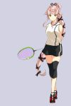  1girl alternate_costume aqua_eyes arms_behind_back full_body grey_background hair_ribbon highres kantai_collection knee_brace long_hair looking_at_viewer pink_hair racket ribbon sahuyaiya shoes shorts simple_background skirt sleeveless sleeveless_shirt smile sneakers solo sportswear standing tennis_racket tennis_uniform very_long_hair yura_(kantai_collection) 