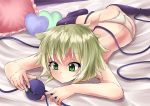  1girl arai_togami bed_sheet black_legwear green_eyes green_hair highres komeiji_koishi lying on_stomach panties short_hair solo thigh-highs third_eye topless touhou underwear white_panties 