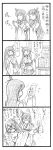  2girls 4koma :d bbb_(friskuser) closed_eyes comic detached_sleeves fire fusou_(kantai_collection) hair_ornament highres kantai_collection long_hair monochrome multiple_girls nontraditional_miko open_mouth pleated_skirt praying short_hair skirt smile translation_request yamashiro_(kantai_collection) 