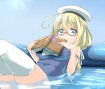  1girl ahoge ajino_(sakanahen) blonde_hair blue_eyes book breasts glasses hat holding holding_book i-8_(kantai_collection) kantai_collection large_breasts lens_flare long_hair name_tag one-piece_swimsuit partially_submerged pool red-framed_glasses sailor_hat school_swimsuit semi-rimless_glasses smile solo swimsuit thigh-highs twintails twitter_username under-rim_glasses water white_legwear 