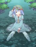  1girl ;p akagashi_hagane armband blue_eyes blue_hair boots brown_gloves dress gloves goggles goggles_on_hat hair_bobbles hair_ornament hair_ribbon hat kawashiro_nitori key long_sleeves looking_at_viewer one_eye_closed partially_submerged plant ribbon ripples rubber_boots shirt short_hair sitting skirt skirt_set solo tongue tongue_out touhou tree twintails wading water 