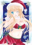  1girl acrylic_paint_(medium) aqua_eyes bell blonde_hair breasts cleavage hand_on_own_chest hand_to_head hat highres jingle_bell long_hair looking_at_viewer midriff navel one_eye_closed open_mouth original pom77 red_skirt ribbon santa_costume santa_hat skirt snow solo traditional_media 